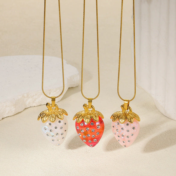 Jewelry Strawberry Fruit Pendant Stainless Steel Necklace Electroplated Cross Chain