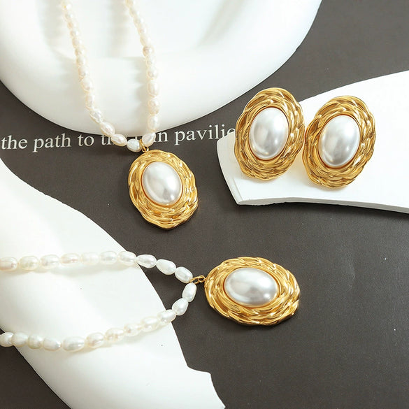 Jewelry Suit Freshwater Pearl 316L Stainless Steel Gold Plated Embossed Oval Retro Style