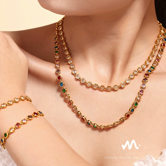 Jewelry Suit 316L Stainless Steel Chain Pattern Mixed Color 3A Zircon Pvd Vacuum Plating Bracelet And Necklace