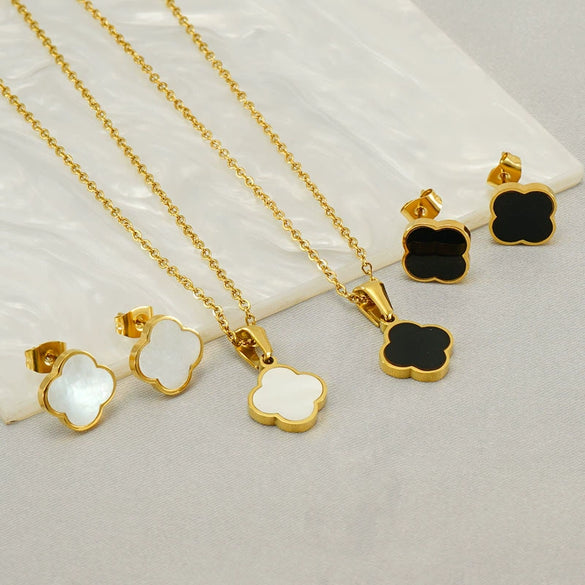 Jewelry Suit Titanium Steel 18K Gold Plated Clover Natural Shell For Women