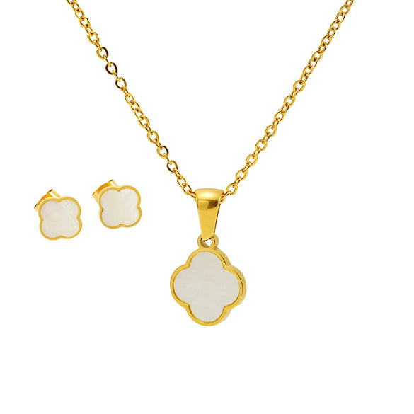 Jewelry Suit Titanium Steel 18K Gold Plated Clover Natural Shell For Women