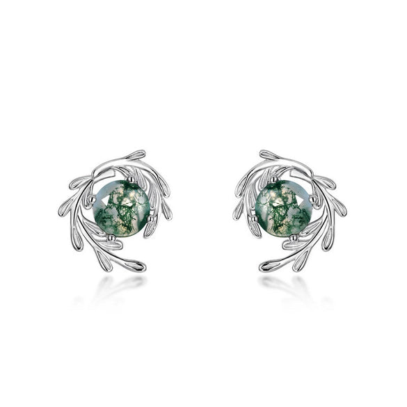 Jewelry Suit Women's S925 Silver Stud Earrings With Water Grass Agate Stone Geometric Design