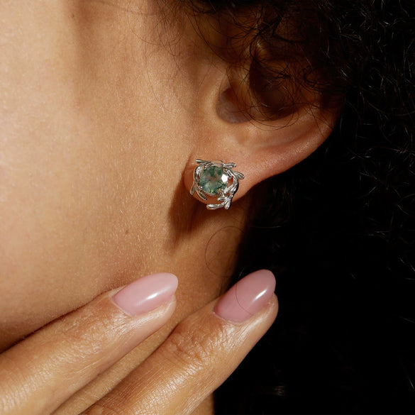 Jewelry Suit Women's S925 Silver Stud Earrings With Water Grass Agate Stone Geometric Design