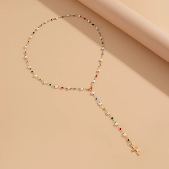 Jewelry Sweet Style Inlaid Imitation Pearl Alloy Geometric Electroplated Ychain Necklace For Women