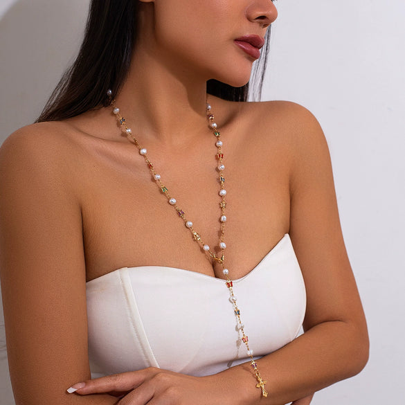 Jewelry Sweet Style Inlaid Imitation Pearl Alloy Geometric Electroplated Ychain Necklace For Women