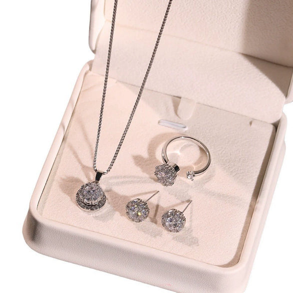 Jewelry Threepiece Set Copper Inlaid Zircon Light Luxury Style With Flower Pattern