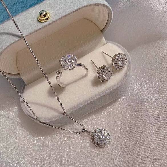 Jewelry Threepiece Set Copper Inlaid Zircon Light Luxury Style With Flower Pattern