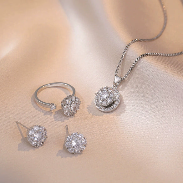 Jewelry Threepiece Set Copper Inlaid Zircon Light Luxury Style With Flower Pattern