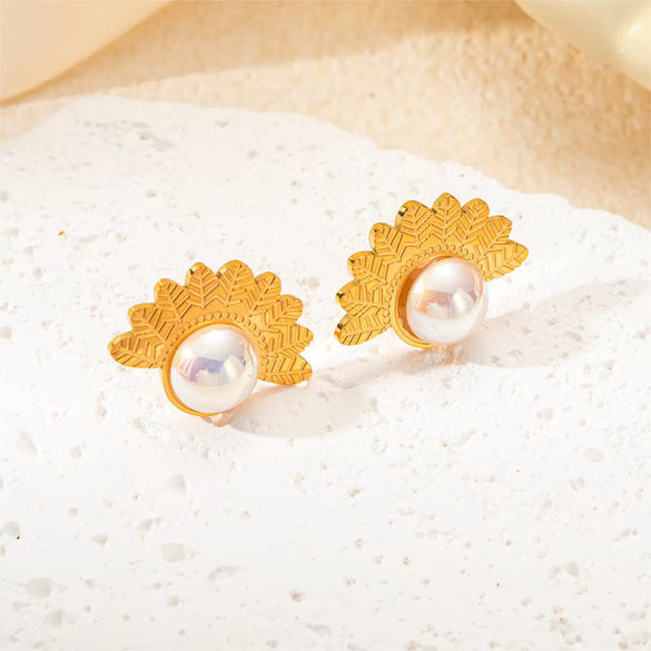 Jewelry Threepiece Set Retro Baroque Style Stainless Steel Pearl Titanium Steel Leaf Electroplated