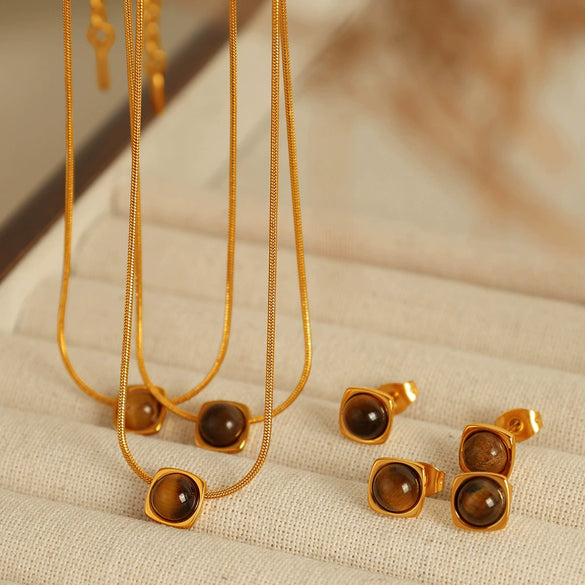 Jewelry Tiger Eye Stone Inlay 316L Stainless Steel Electroplating Fashion Geometric Women's Earrings Pendant Necklace