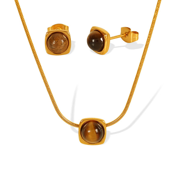 Jewelry Tiger Eye Stone Inlay 316L Stainless Steel Electroplating Fashion Geometric Women's Earrings Pendant Necklace