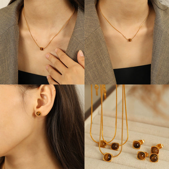Jewelry Tiger Eye Stone Inlay 316L Stainless Steel Electroplating Fashion Geometric Women's Earrings Pendant Necklace