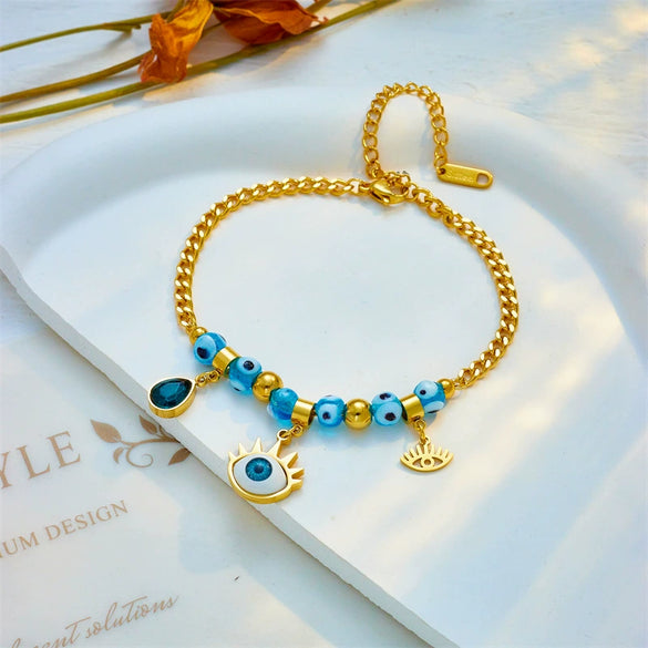 Jewelry Titanium Steel Beaded Blue Eyes Water Drop Pendant Bracelet Electroplated