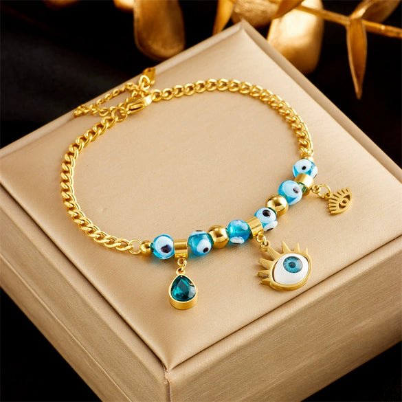 Jewelry Titanium Steel Beaded Blue Eyes Water Drop Pendant Bracelet Electroplated