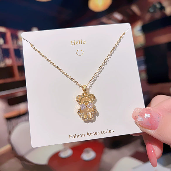 Jewelry Titanium Steel Bear Geometric Mixed Gem Inlay Diamond Necklace For Women