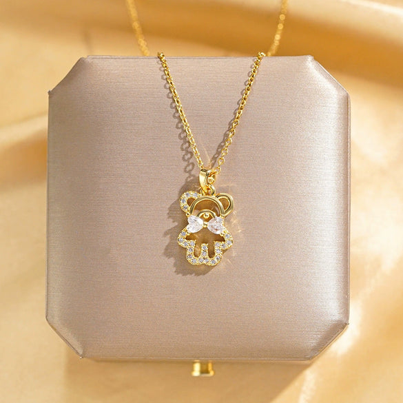 Jewelry Titanium Steel Bear Geometric Mixed Gem Inlay Diamond Necklace For Women