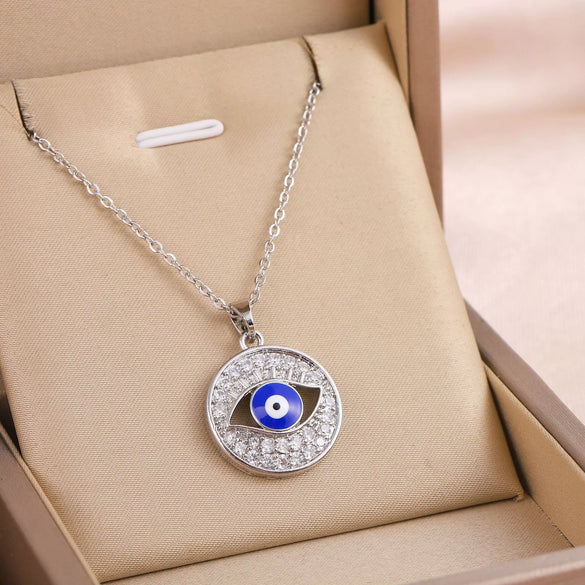 Jewelry Titanium Steel Blue Eyes Pendant Ochain Necklace Geometric Mixed Gem Inlay Electroplating Unisex