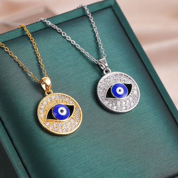 Jewelry Titanium Steel Blue Eyes Pendant Ochain Necklace Geometric Mixed Gem Inlay Electroplating Unisex