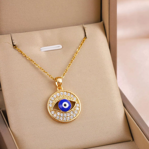 Jewelry Titanium Steel Blue Eyes Pendant Ochain Necklace Geometric Mixed Gem Inlay Electroplating Unisex