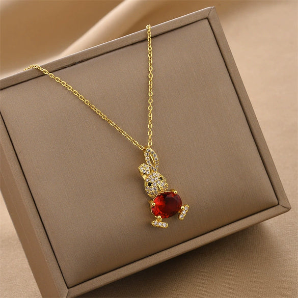 Jewelry Titanium Steel Bunny Ruby Pendant Necklace With Geometric Style Electroplating And Mixed Gem Inlay Ochain For Women