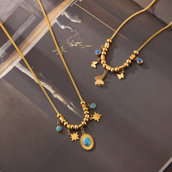 Jewelry 316L Stainless Steel Butterfly Pendant Inlaid With Blue Turquoise Niche Geometric Style Electroplated For Women