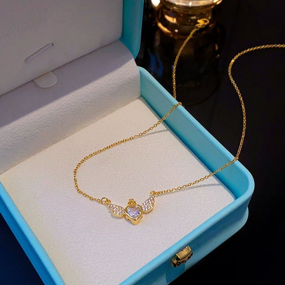 Jewelry Titanium Steel Copper Geometric Angel Wings Crown Love Pendant Necklace For Women Light Luxury Diamond Design