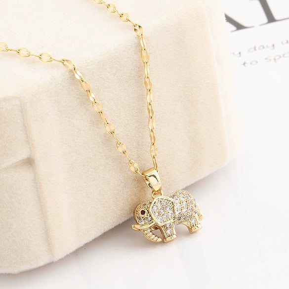 Jewelry Titanium Steel Copper Inlaid Zircon Baby Elephant Animal Elements Necklace For Female