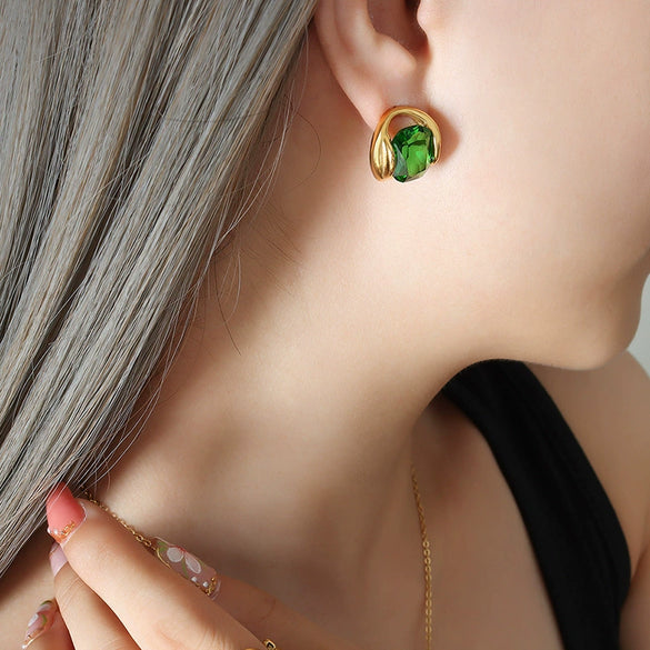 Jewelry 316L Stainless Steel Crystal Pendant Necklace Earrings Suit With Geometric Style And Inlay Process