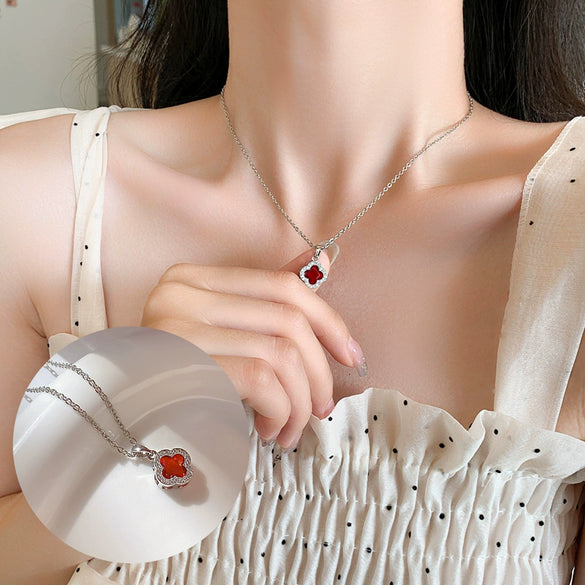 Jewelry Titanium Steel Fourleaf Clover Mixed Gem Inlay Diamond Clavicle Chain For Women