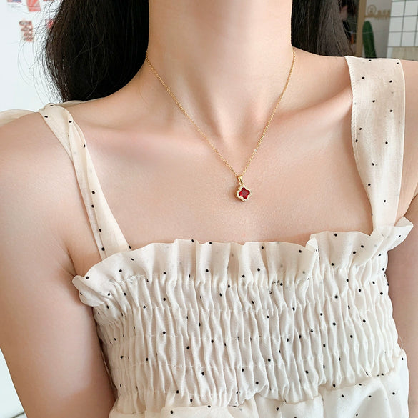 Jewelry Titanium Steel Fourleaf Clover Mixed Gem Inlay Diamond Clavicle Chain For Women