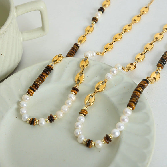 Jewelry 316L Stainless Steel Freshwater Pearl Tiger Eye Stone Pig Nose Chain Necklace Bracelet Suit Electroplated Simple Natural Unisex
