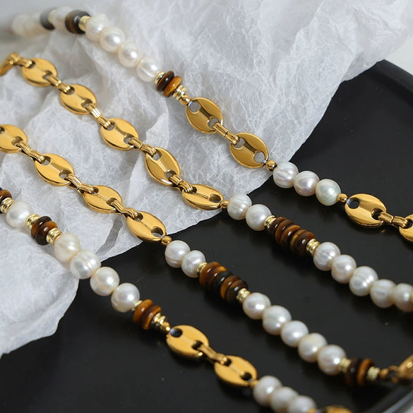 Jewelry 316L Stainless Steel Freshwater Pearl Tiger Eye Stone Pig Nose Chain Necklace Bracelet Suit Electroplated Simple Natural Unisex