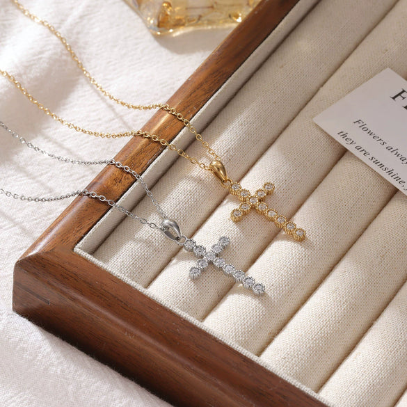 Jewelry Titanium Steel Geometric Cross Pendant Necklace For Women With Electroplating And O Word Chain