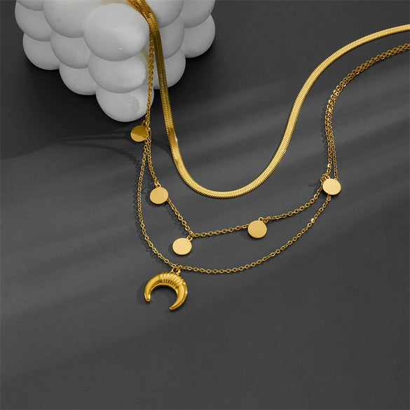 Jewelry Titanium Steel Geometric Horn Pendant Multi Layer Round Bead Box Chain Necklace Cartoon Style Vacuum Electroplated In Furnace Unisex