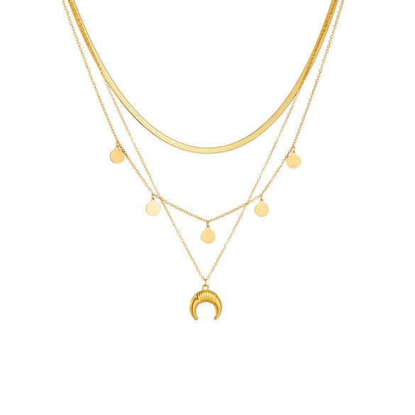Jewelry Titanium Steel Geometric Horn Pendant Multi Layer Round Bead Box Chain Necklace Cartoon Style Vacuum Electroplated In Furnace Unisex