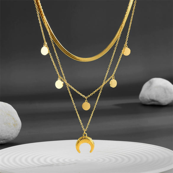 Jewelry Titanium Steel Geometric Horn Pendant Multi Layer Round Bead Box Chain Necklace Cartoon Style Vacuum Electroplated In Furnace Unisex