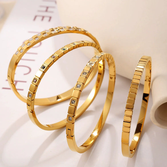 Jewelry 316L Stainless Steel Geometric Square Plaid Stripe Round Diamond Color Gold Plated Bracelet