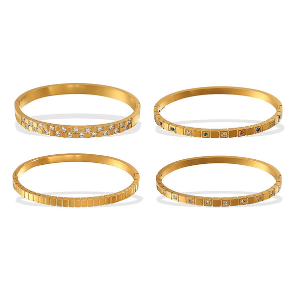 Jewelry 316L Stainless Steel Geometric Square Plaid Stripe Round Diamond Color Gold Plated Bracelet