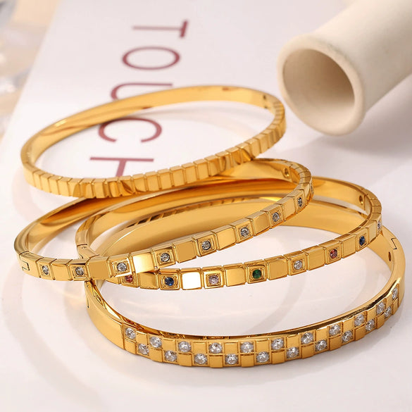 Jewelry 316L Stainless Steel Geometric Square Plaid Stripe Round Diamond Color Gold Plated Bracelet