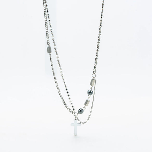 Jewelry Titanium Steel Geometric Stitching Beaded Cross Men's Necklace Polishing
