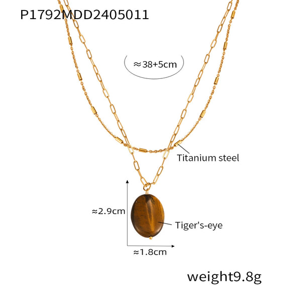 Jewelry 316L Stainless Steel Gold Plated Geometric Beaded Tiger Eye Vintage Elegant Necklace