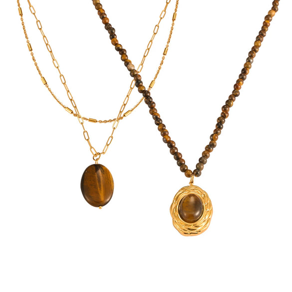 Jewelry 316L Stainless Steel Gold Plated Geometric Beaded Tiger Eye Vintage Elegant Necklace