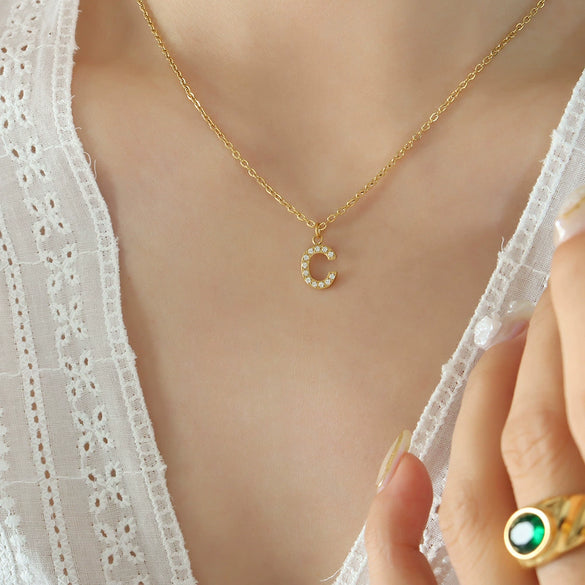 Jewelry 316L Stainless Steel Gold Plated Letter Diamond Pendant Necklace For Women