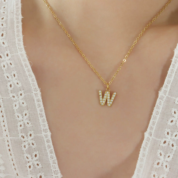 Jewelry 316L Stainless Steel Gold Plated Letter Diamond Pendant Necklace For Women
