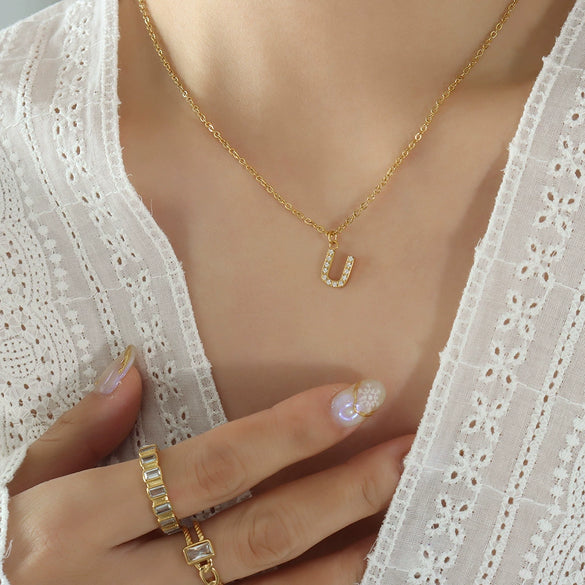 Jewelry 316L Stainless Steel Gold Plated Letter Diamond Pendant Necklace For Women