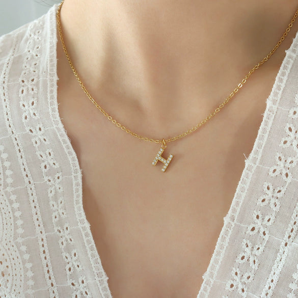 Jewelry 316L Stainless Steel Gold Plated Letter Diamond Pendant Necklace For Women