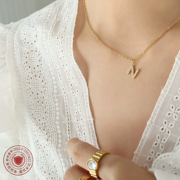 Jewelry 316L Stainless Steel Gold Plated Letter Diamond Pendant Necklace For Women