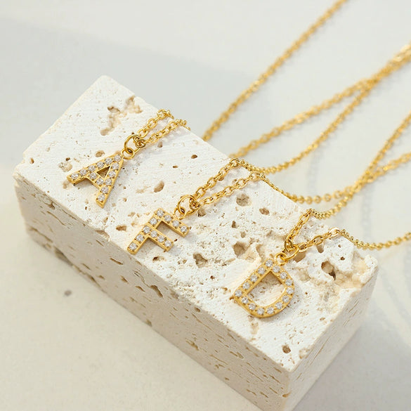 Jewelry 316L Stainless Steel Gold Plated Letter Diamond Pendant Necklace For Women