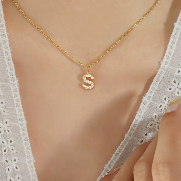 Jewelry 316L Stainless Steel Gold Plated Letter Diamond Pendant Necklace For Women