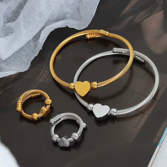Jewelry 316L Stainless Steel Gold Plated Love Shape Adjustable Coil Bracelet And Ring